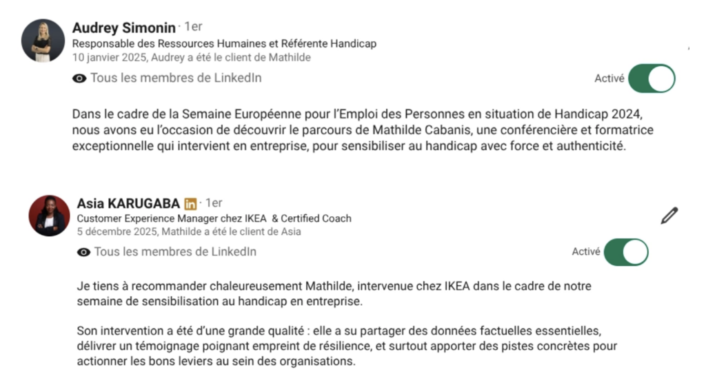 Quelques recommandations LinkedIn au sujet des conférence sur le handicap invisible et handicap au travail par Mathilde Cabanis